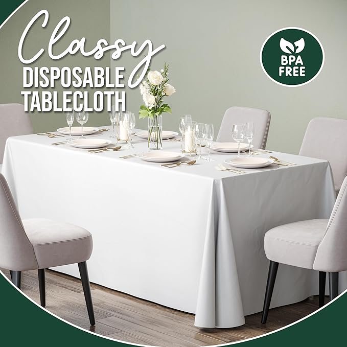 6 Pack White Plastic Table Cloth - 70 x 120 Inch Rectangle Disposable Tablecloth for Parties - Rectangle Tablecloth - Disposable Table Cloths for Parties - Great for Picnics And Formal Events