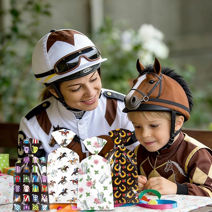 RAXFLY 100 Pcs Horse Goodie Bags, Western Horse Racing Cellophane Candy Bags with Gold Ties, Cowboy Party Treat Bags for Birthday Party Supplies