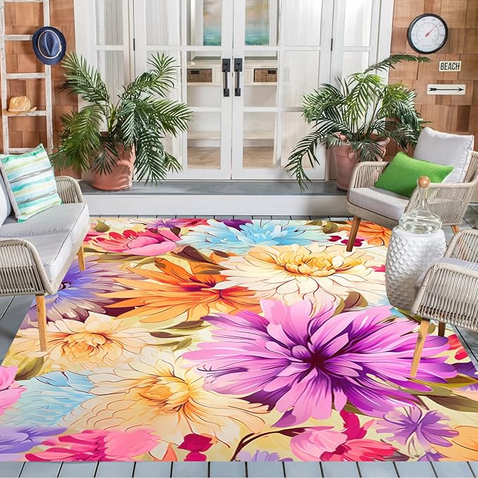 Waterproof Floral 6x9 Outdoor Rug Modern Vibrant Rugs for Balcony Patio Porch Garden Camping Pool Machine Washable Non Shed Outside Carpet Unique Easy Clean Flower Mat Pink Purple