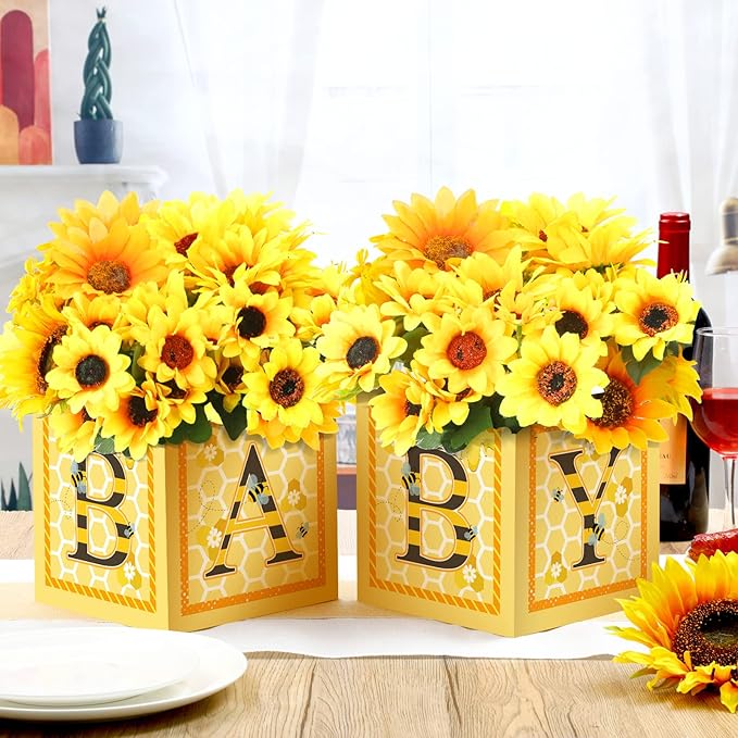 Bucherry 6 Pcs Baby Shower Centerpieces with Letters, 7" Baby Blocks Flower Boxes for Table Decorations, Gender Reveal Party Supplies & Photo Props(Yellow,Honey)