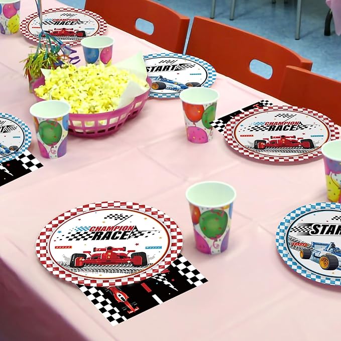 96 Pcs Racing Car Party Supplies Decorations, Checked Race Car Track Paper Plates and Napkins Party Supplies Disposable Tableware Dinnerware for Boys/Kids/Men Birthday Party, Serves 24