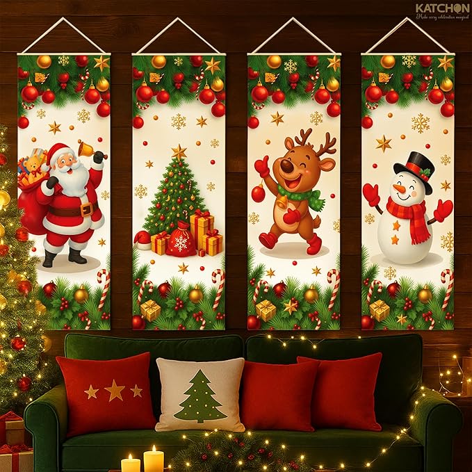 KatchOn Christmas Banners Set – Pack of 4, 47x16 Inch | Holiday Portrait Banners For Christmas Decorations Featuring Santa Claus, Snowman, Xmas Tree, Reindeer for Home, Porch, Living Room | Xmas Decorations