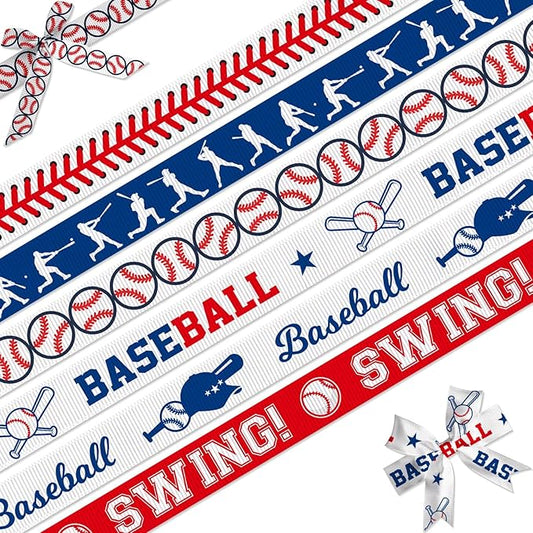 Baseball Ribbon, 6 Pack (5/8 Inch x 3 Yards Each), Sports Grosgrain Ribbons for Hair Bow, Team Party Decoration, Baseball Player Pattern Gift Wrapping Craft