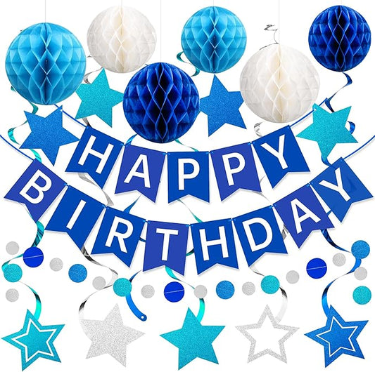 Happy Birthday Decorations Happy Banner with Honeycomb Balls, Swirls Set Happy Decorations Sign for Men Women Boys Girls Birthday Party Supplies Kit for Indoor Outdoor
