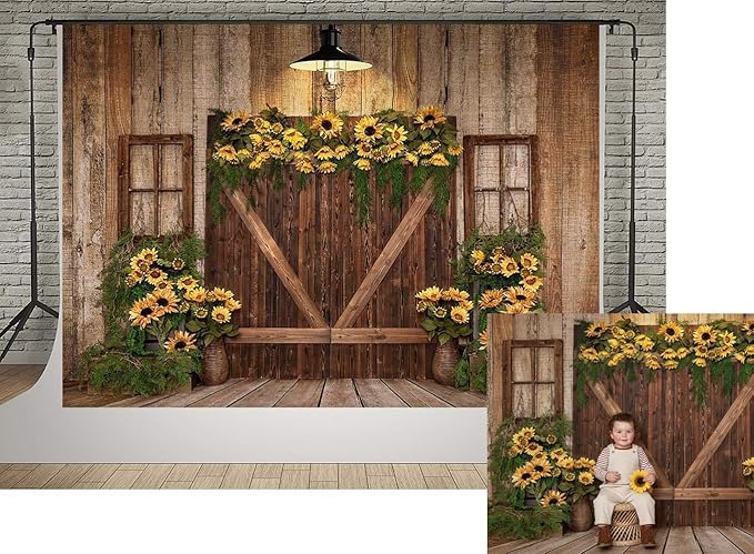 Kate Rustic Wooden Barn Door Backdrop 7x5ft Vintage Sunflower Garland Photography Background Country Style Shabby Chic Wall for Birthday Party Baby Shower Wedding Photo Booth Props