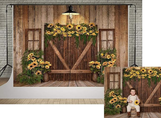 Kate Rustic Wooden Barn Door Backdrop 7x5ft Vintage Sunflower Garland Photography Background Country Style Shabby Chic Wall for Birthday Party Baby Shower Wedding Photo Booth Props
