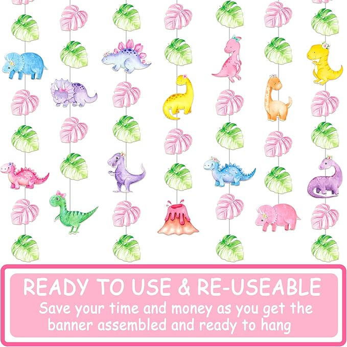 8pcs Dinosaur Theme Party Hanging Garlands Pink Dinosaur Birthday Party Ceiling Garland Decorations for Girls Dino Theme Birthday Baby Shower Supplies