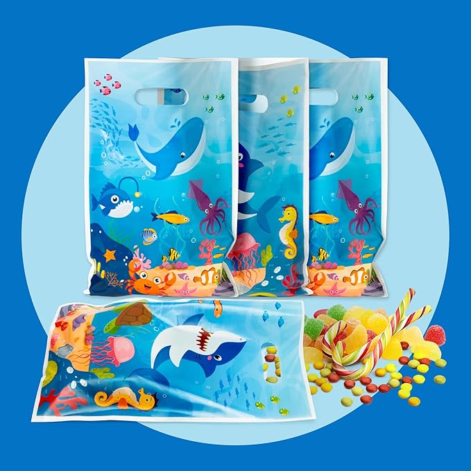 50Pcs Animal in the Sea Party Favor Bags Ocean Themed Plastic Waterproof Goodie Bag with Die Cut Handle Whale Shark Rectangular Gift Pack for Kids Birthday Baby Shower Decoration Supplies