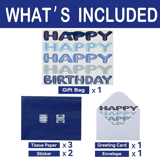 Qirrmiy 16.5” Extra Large Blue Happy Birthday Gift Bag Set with Handles, Greeting Card, Tissue Papers and Stickers for Men Boys Women Girls Kids Teens, Words Design, 1 Pcs