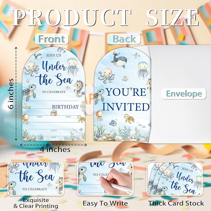 Under The Sea Birthday Party Invitations, Ocean Animals Birthday Invitations for Boys Girls, 20 Fill-In Invitation Cards with Envelopes, Under the Sea Party Decorations (arch)