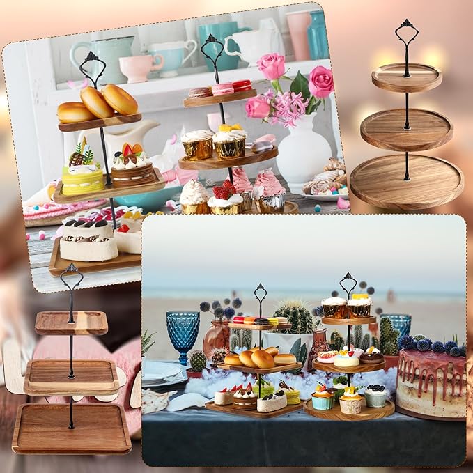 Zopeal 4 Pcs 3 Tier Serving Tray Square Wooden 3 Tiered Cake Stand Round Acacia Wood Serving Stand Rustic Cupcake Stand for Dessert Farmhouse Serving Stand Display for Wedding Tea Party