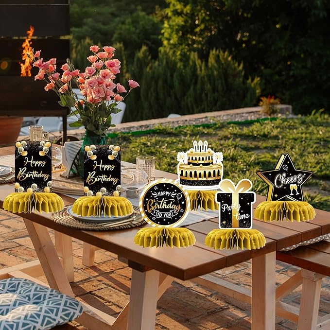 Happy Birthday Table Honeycomb Centerpieces Set, Anniversary Birthday Gifts Table Topper Centerpieces Adults Children Teenager Birthday Party Table Decorations Set of 8 (Gold)