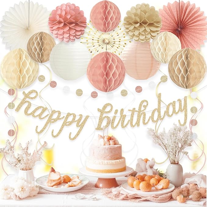 Boho Pink Happy Birthday Decorations for Women Girls, Pre-Strung Happy Birthday Banner with Honeycomb Balls, Paper Flowers, Lanterns, Fans, Hanging Swirls, Circle Dots Garland for Party 24pcs