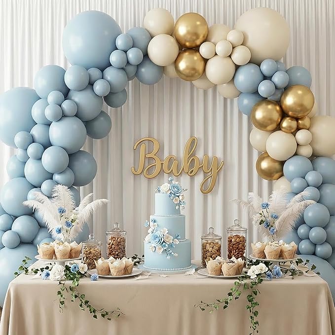 RUBFAC 135pcs Dusty Blue Balloons, Haze Blue Latex Balloon Different Sizes 18 12 10 5 Inch for Garland Arch Birthday Wedding Engagements Anniversary Baby Shower Party Supplies