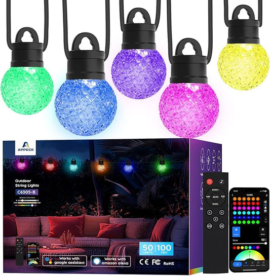 APPECK Outdoor String Lights 100ft, RGBW Color Changing Patio Lights with 50 Dimmable LED Bulbs, 111 Scene Modes, IP65 Waterproof Lighting for Outside, Party, Backyard, Pool, Compatible with Alexa