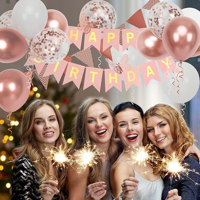 Rose Gold Birthday Decorations Women, Happy Birthday Banner for Girls Party Decorations with Balloons, Pennant Banner Flags and Rose Gold Butterfly Decorations
