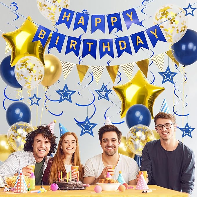 Navy Blue Gold Birthday Decorations, Happy Birthday Banner and Gold Star Balloons, Glitter Hanging Stars with Hanging Swirls, Bunting Banner, for Women Men Boys Party Decoration