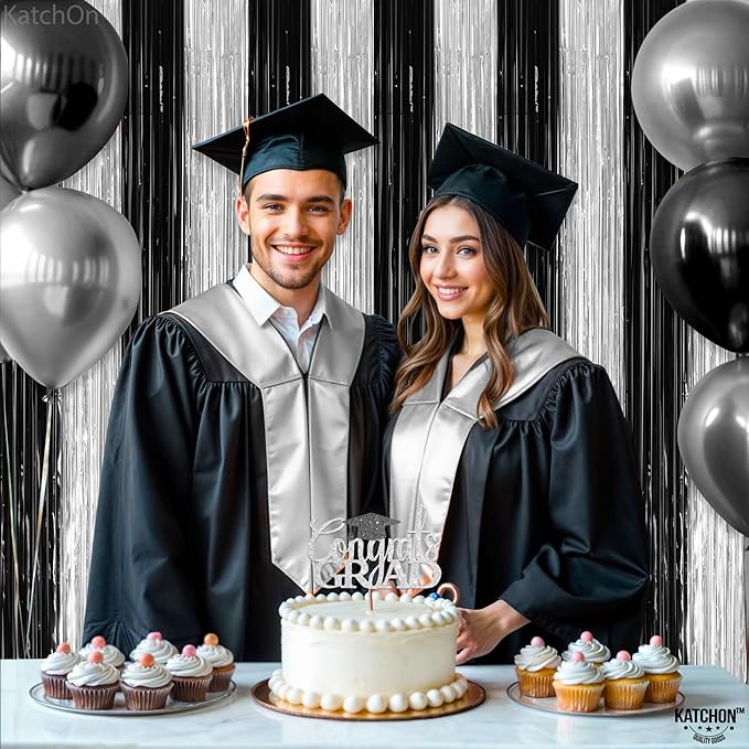 KatchOn, XtraLarge Black and Silver Fringe Curtain - 3.2x8 Feet, Pack of 2 | Black and White Birthday Decorations | Silver and Black Streamers for Graduation Decorations 2026 | Disco Party Decoration