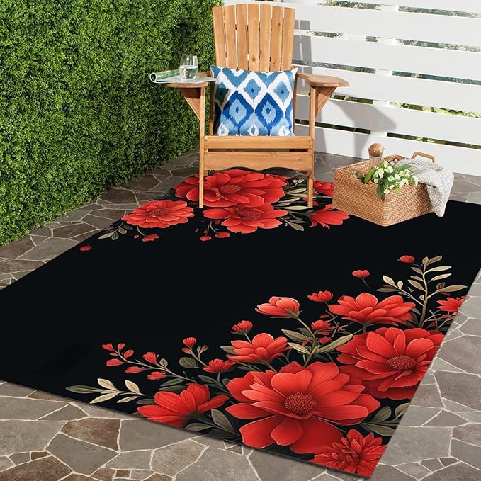 Botanical Floral Pattern 6x9 Outdoor Rug for Patio Deck Camping Balcony Porch Garden Backyard Flower Print Large Carpet Black Red Soft Waterproof Non Slip Outside Mat