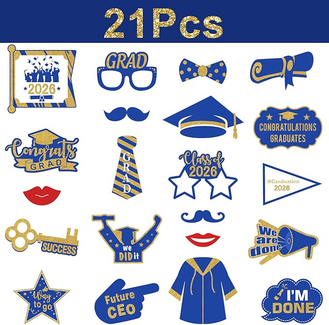 Avezano Graduation Photo Booth Props, 21pcs Graduations Picture Props 2026 for Photoshoot, Grad Photo Props for Photobooth Class of 2026 Party Decorations Set Party Favors Supplies (Blue and Gold)
