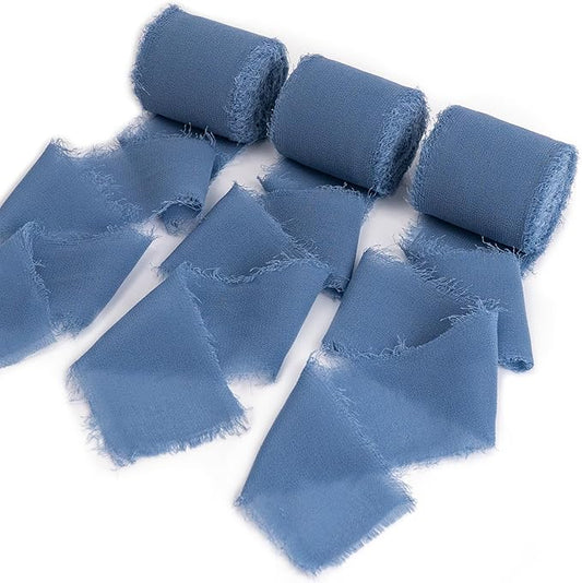 Chiffon Ribbon, Dusty Blue Silk 1.5''x21Yd Handmade Frayed Fringe Ribbons for Wrapping, DIY Bows, Invitations, Bridal Bouquets, Crafts, Birthday, Wedding, Engagement, Party Decoration, 3 Rolls