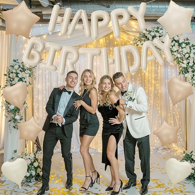 Happy Birthday Balloon Banner Cream, 16 Inch Beige Mylar Foil Letter Balloons, Boho Neutral Birthday Decorations with 10 Pcs Ivory Caramel Brown Foil Balloon, Inflatable Party Supplies for Women Girl