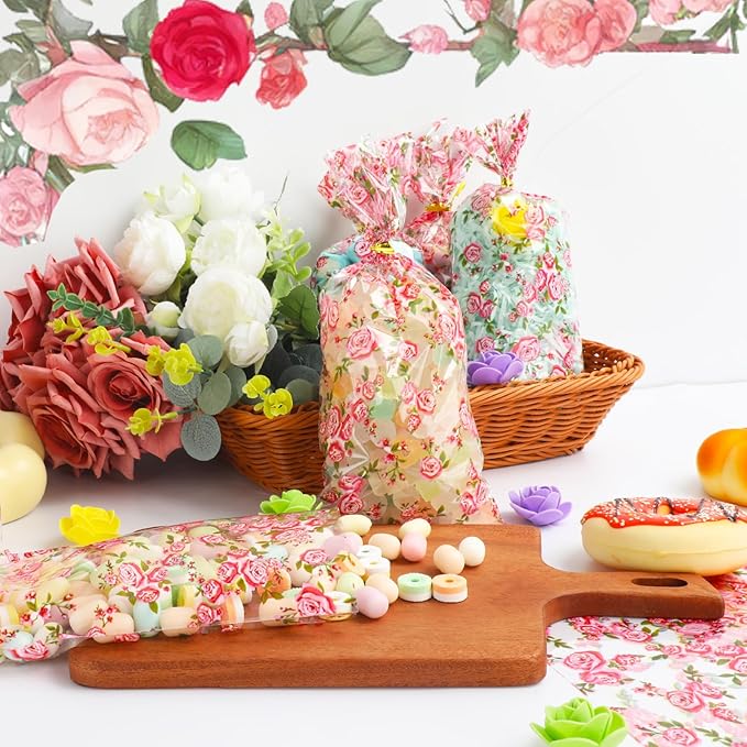 LEOSINDA 100 Pcs Floral Cellophane Bags, 5 X 11 Inches Valentine's Day Gift Bag, for Mothers Day Gift Wrapping, Wedding Bridal Shower Supplies Favors Decorations Birthday Theme Floral Graduation Decor (with 100 Ties)