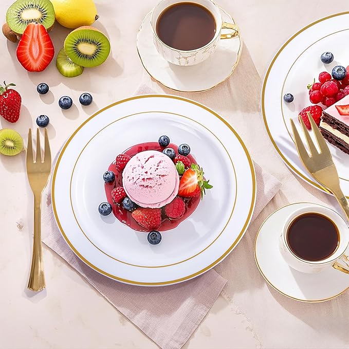 WELLIFE 60 PCS Gold Plastic Dessert Plates and 60 PCS Forks, 6.3 inch Disposable Salad Plates, Premium White Appetizer Plates with Gold Rims, Perfect for Party and Wedding