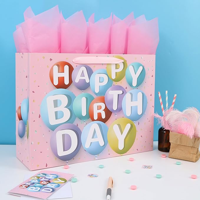 wishinside 16.5” Extra Large Happy Birthday Gift Bag Set with Handles, Greeting Card, Tissue Papers and Stickers for Girls Kids Women, Colorful Balloon Design, 1 Pcs