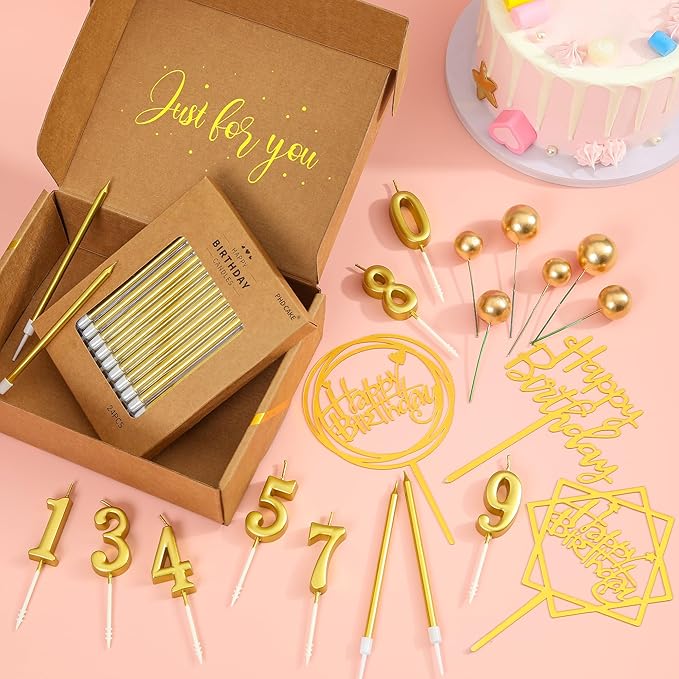 PHD CAKE 46 Pcs Gold Birthday Candles, 10 Cake Number Candles, 9 Ball Cake Toppers, 3 Birthday Cake Toppers, Party Celebration