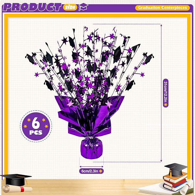 6 Packs Graduation Decorations Centerpieces for Tables Metallic Foil Star Graduate Cap Burst Tabletop Display in Purple and Black for Grad Ceremonies Celebrations Party Decor Supplies 12 (Purple)