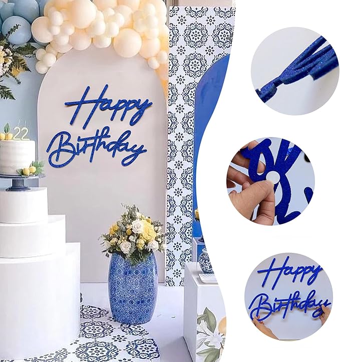 Glitter Happy Birthday Sign for Backdrop - Felt Happy Birthday Large Letters for Banner Arch Party Balloon Wall Backdrop Photography Background Event Decor Supplies - Royal Blue