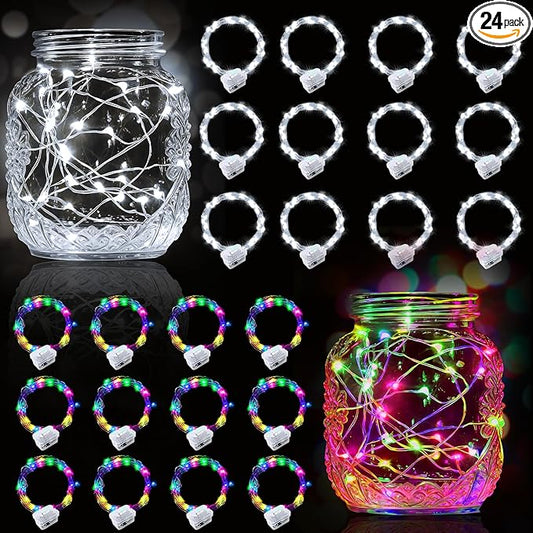 pozzolanas 24 Pack 7ft Waterproof LED Fairy Lights - Battery Operated String Lights with 20 LEDs for Home, Mason Jar, Party, Wedding, Halloween, Christmas Decorations (12 Multicolor & 12 White)