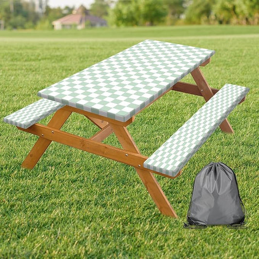 Picnic Table Cover with Bench Covers and Bag, Sage Green and White Checkered Buffalo Plaid Camping Tablecloth Waterproof Elastic Edges Fitted Gingham Tablecloth for Outdoor Garden 3PCS 30x60 Inch