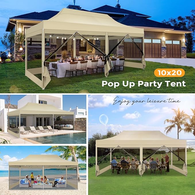 COBIZI 10x20 Heavy Duty Pop Up Canopy Tent with 6 Sidewalls, Easy Set Up Outdoor Waterproof Screen Commercial Party Tent with Mosquito Netting for Parties Backyard Patio, Roller Bag, Khaki