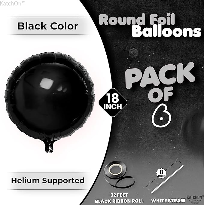 KatchOn, Big Black Balloons - 18 Inch, Pack of 6 | Foil Balloons for 2026 Graduation Decorations | Black Birthday Decorations | Mylar Balloon | Graduation Party Decorations | Grad Party Decoration
