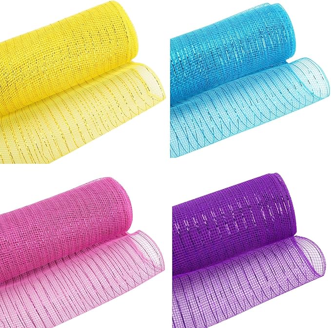 5 Rolls Summer Mesh Ribbon for Wreath, 10 Inch x 30FT Per Roll Metallic Foil Deco Mesh Rolls Pink Blue Yellow Green Purple Decorative Mesh for Spring Summer Easter Baby Shower Party Decor