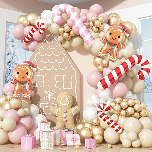 138PCS Pastel Pink Beige Christmas Balloon Arch Kit, Dusty Baby Pink Pearl Ivory White Cream Metallic Gold Balloon Arch Set with Candy Cane Gingerbread Foil Balloos for New Year Xmas Party Decorations