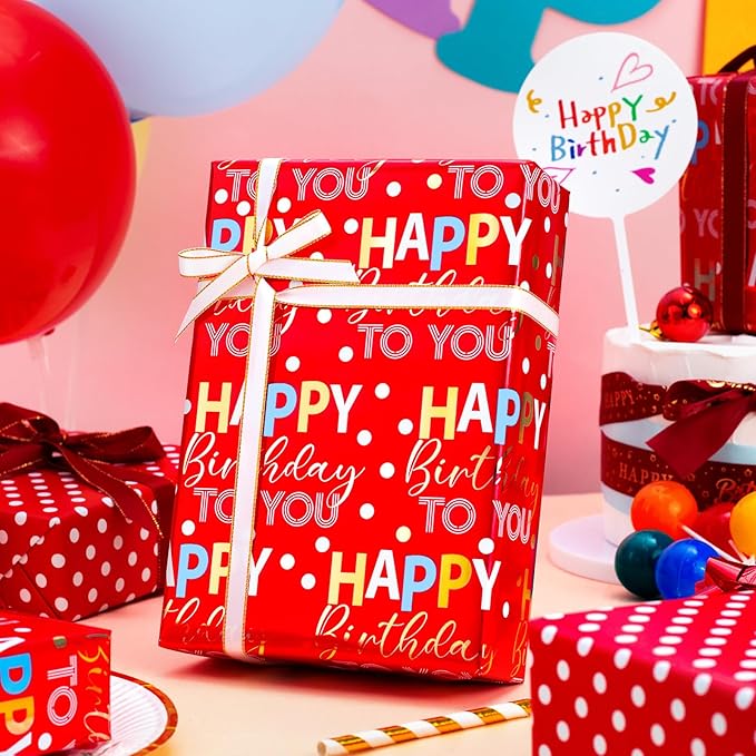 MAYPLUSS Reversible Red Birthday Wrapping Paper Roll - 17 Inch X 33 Feet - Glitter Happy Birthday Lettering Metallic Foil Paper Boy Gift Wrap w/Polka Dot for Party Father's Day Halloween's Day