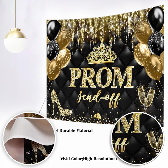 Mocsicka Prom Send Off 2026 Backdrop Crown Graduation Prom Night Party Decorations Banner Gold Balck Dancing Send Off Photography Background Photo Booth Supplies (Gold, 10x7ft(120''x82''))