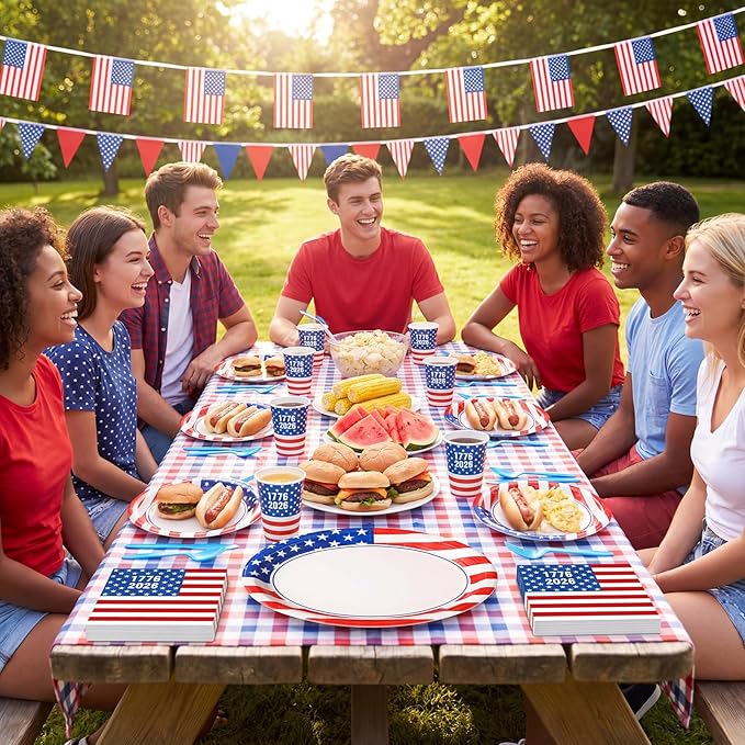Pajean 350 Pcs 4th of July Party Decorations 12 inch Disposable Patriotic Oval Plates and Napkins Heavy Duty American Flag Paper Tableware Set for 50 Guests 250th Independence Party Supplies