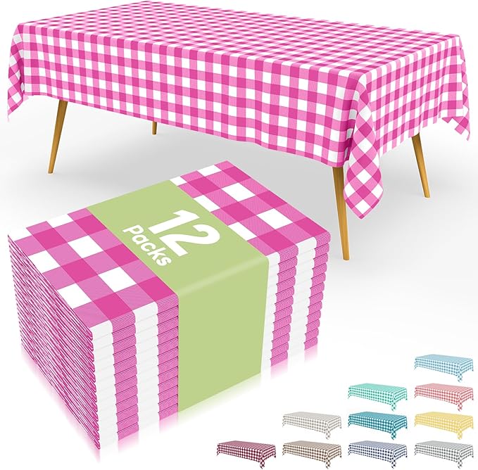 Smiry 12 Packs Gingham Disposable Table Cloth, 54 x 108 Inch Waterproof Plastic Tablecloth, Rectangle Hot Pink and White Checkered Table Covers for Picnic, Birthday, Party