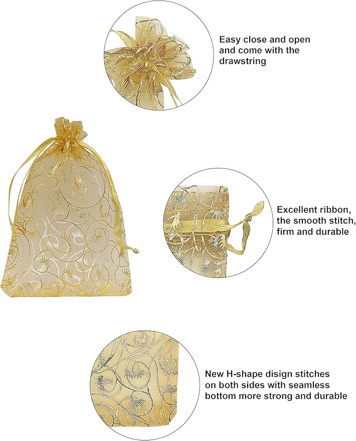 Jexila 100PCS Gold Organza Bags 4x6 inch with Drawstring Jewelry Gift Bags for Wedding Party Favor Pouches Christmas Small Mesh Bags (Gold)