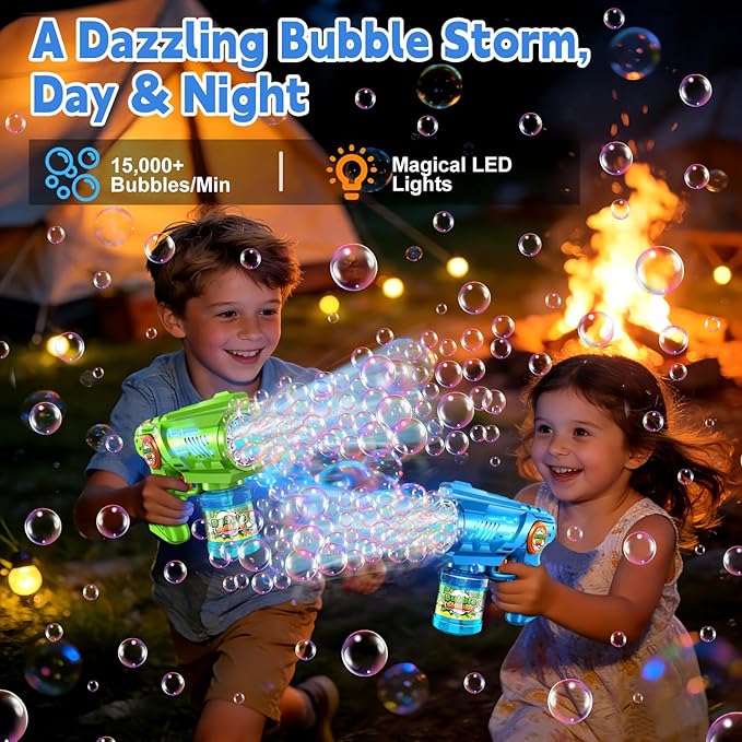 2-Pack Bubble Guns for Kids 4-8: Automatic Bubble Machine Gun with Bubble Solution Refill & LED Light - Great Party Toys for Outdoor Easter Wedding Birthday - Summer Toy for Toddlers