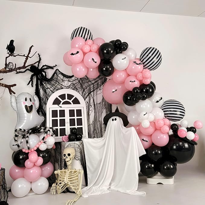 Pink Black White Halloween Balloon Garland Kit,118pcs Pastel Halloween Ghost Striped Foil Balloon Arch with 3D Bats for Girl Kawaii Spooky One Birthday Backdrop Baby Shower Birthday Party Decorations