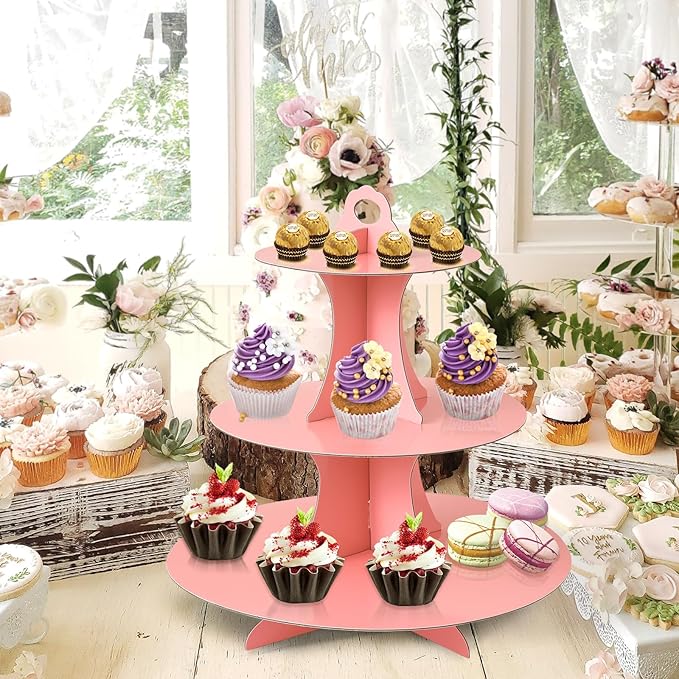 Soleebee 3-Tier Round Cupcake Stand, Cardboard Cupcake Tower, Dessert Cup Cake Stand Tower for Birthday Wedding Party Decoration, Cupcake Tier Stand 2 Set (Pink)
