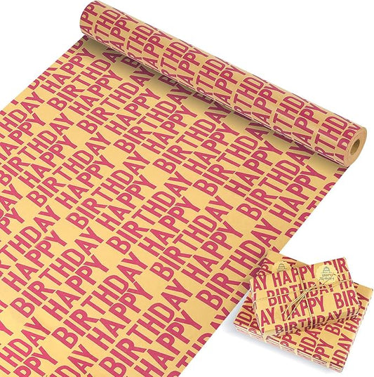 MAMUNU Birthday Wrapping Paper Roll, Red and Brown Kraft Happy Birthday Wrapping Paper Jumbo Roll, Gift Wrap Paper Set for Men Women Boys Girls, 17x590 Inch (70 sq. ft.)