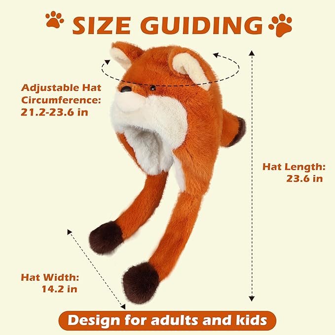 Surblue Animal Hat with Ears Moving Jumping Winter Plush Cap Halloween Christmas Party for Adult Teenager, One Size