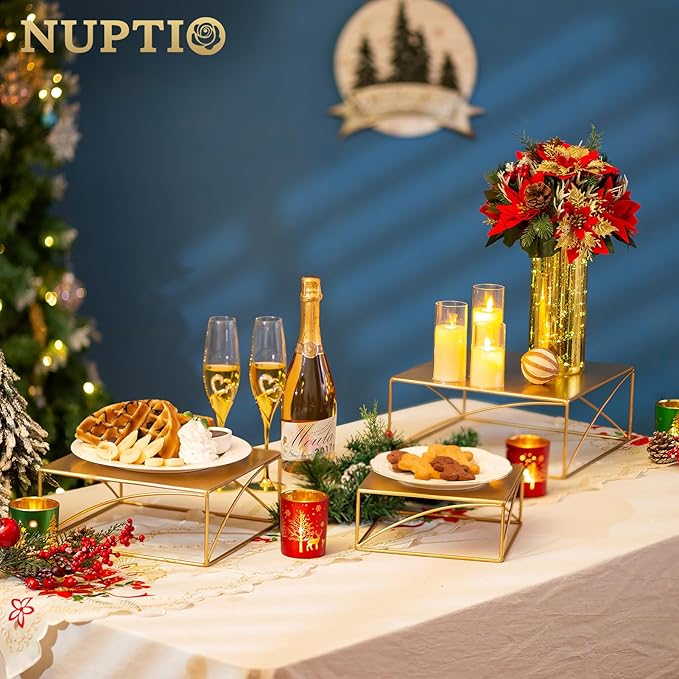 NUPTIO Cake Stand Dessert Display: Metal Cupcake Holder 10 Inch Pedestal Stands Gold Food Risers for Wedding Party Christmas Birthday Event Kitchen Table Baby Shower Square Buffet Vase Plant Stand