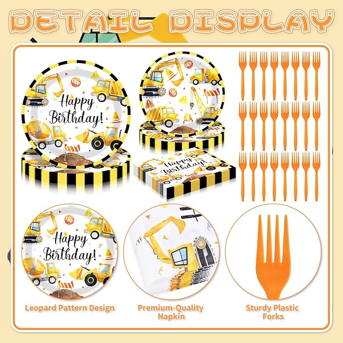 100 Pieces Construction Truck Tableware Set Party Supplies – Happy Birthday Yellow Digger Pattern Disposable Plates, Napkins, and Forks Dinnerware for Boys Birthday Construction Theme Celebrations